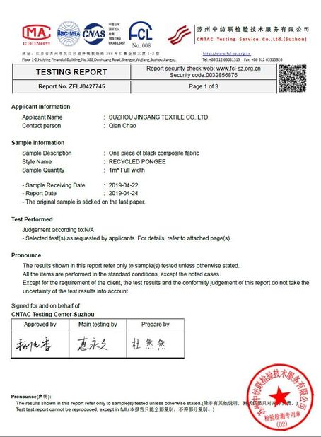 China Suzhou Jingang Textile Co.,Ltd Certificaciones